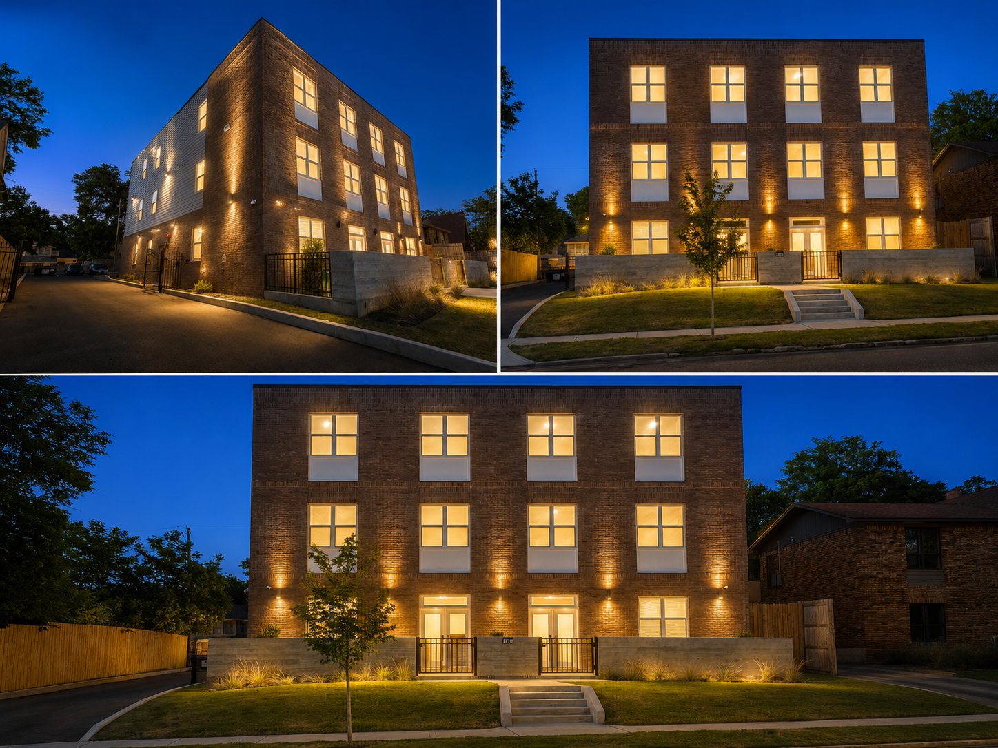 1162 Peabody – Completed multifamily building, evening exterior views